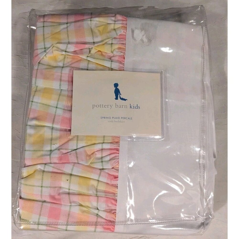 Pottery Barn Kids Crib Dust Ruffle Bed Skirt Plaid Pink Cotton Spring Percale - Picture 11 of 11
